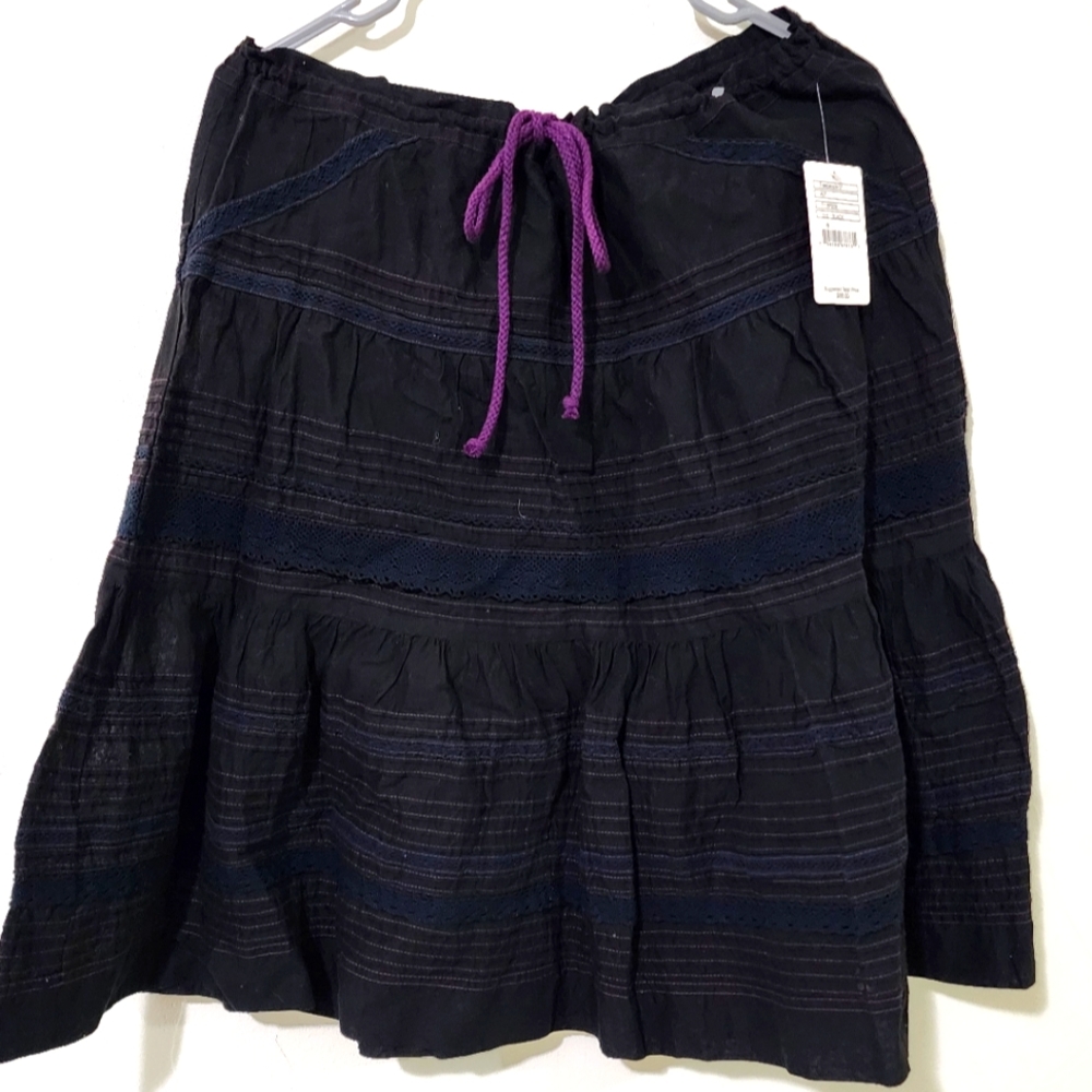 Free People Black and Blue Cotton Embroidered Tiered Womens Mini Skirt Sz 8 NWT